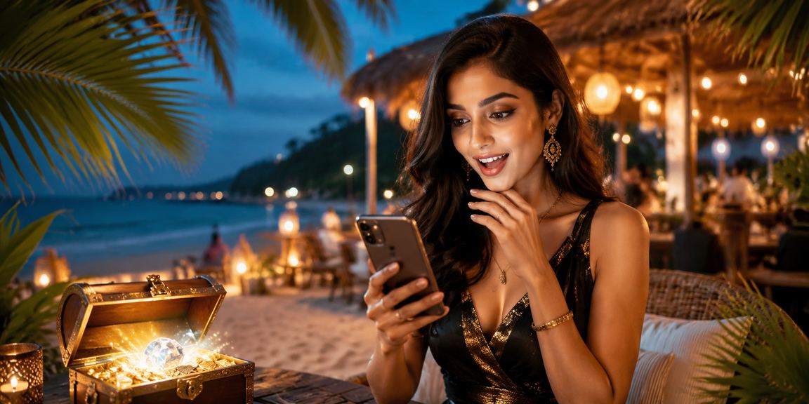 Woman playing Rummy on mobile at a sunny beach